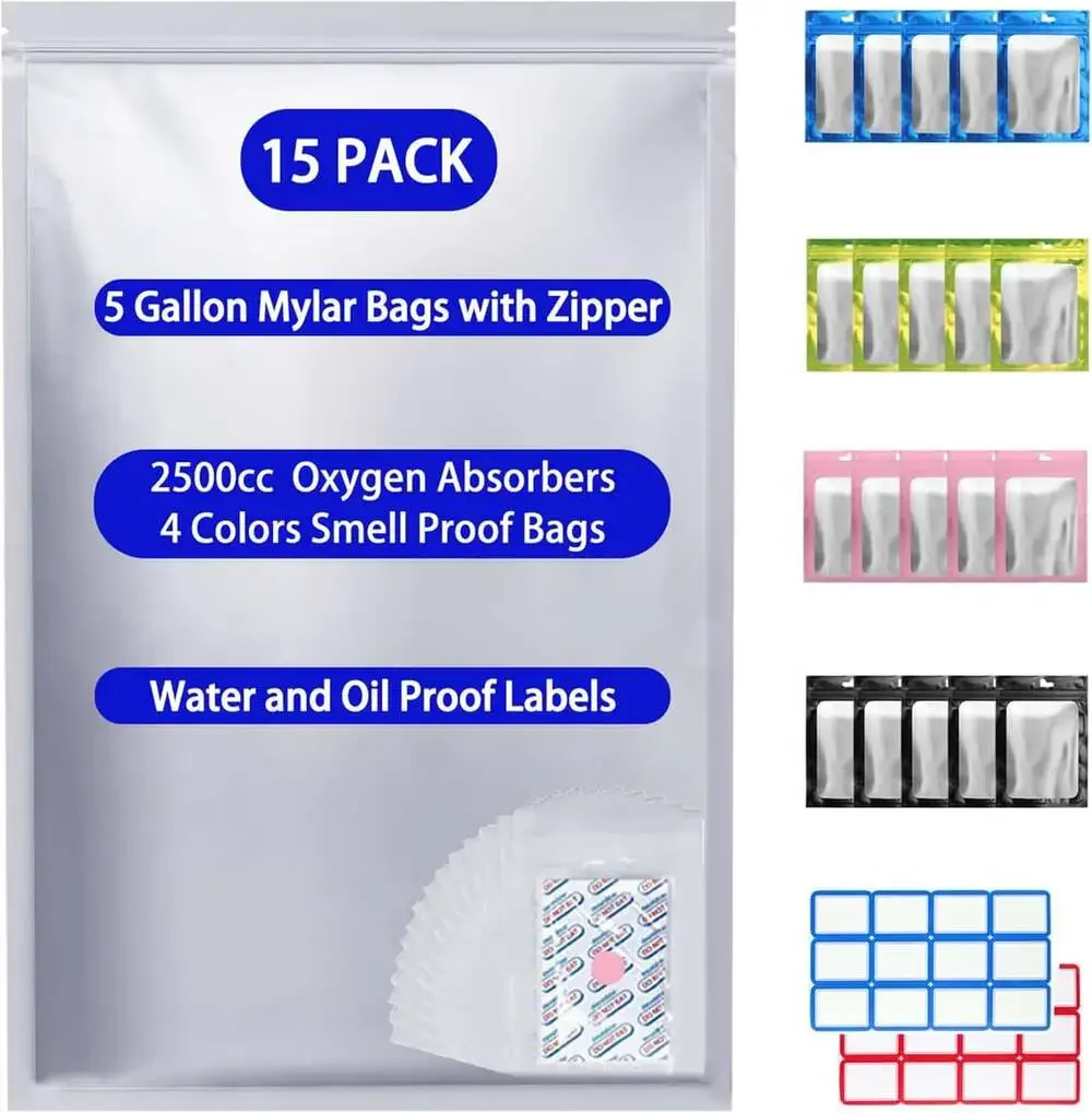 5 Gallon Mylar Food Storage Bags with Oxygen Absorbers, Waterproof, Bpa-Free